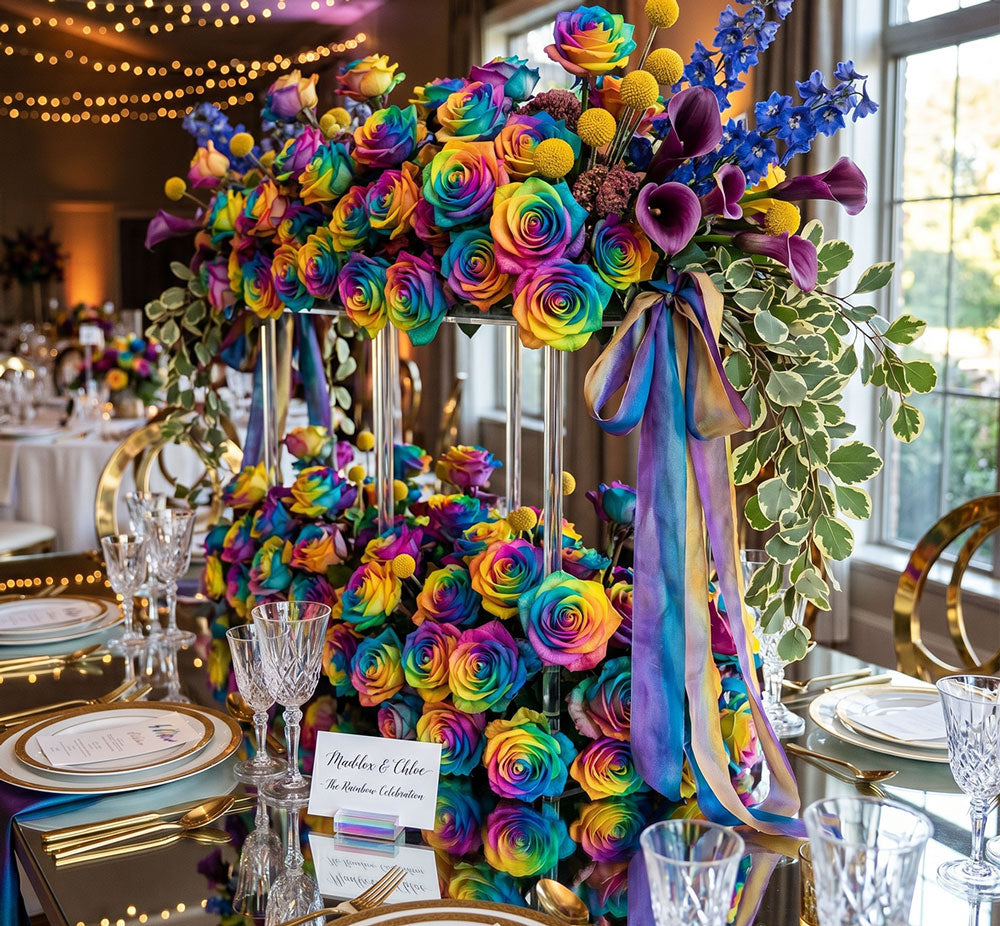 Stunning rainbow tinted roses showing pink, blue, yellow, purple and green swirls on fresh Ecuadorian long-stem roses